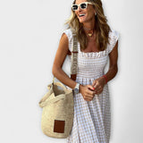 Dalibora ™ ｜Rutig maxiklänning med volangärmar