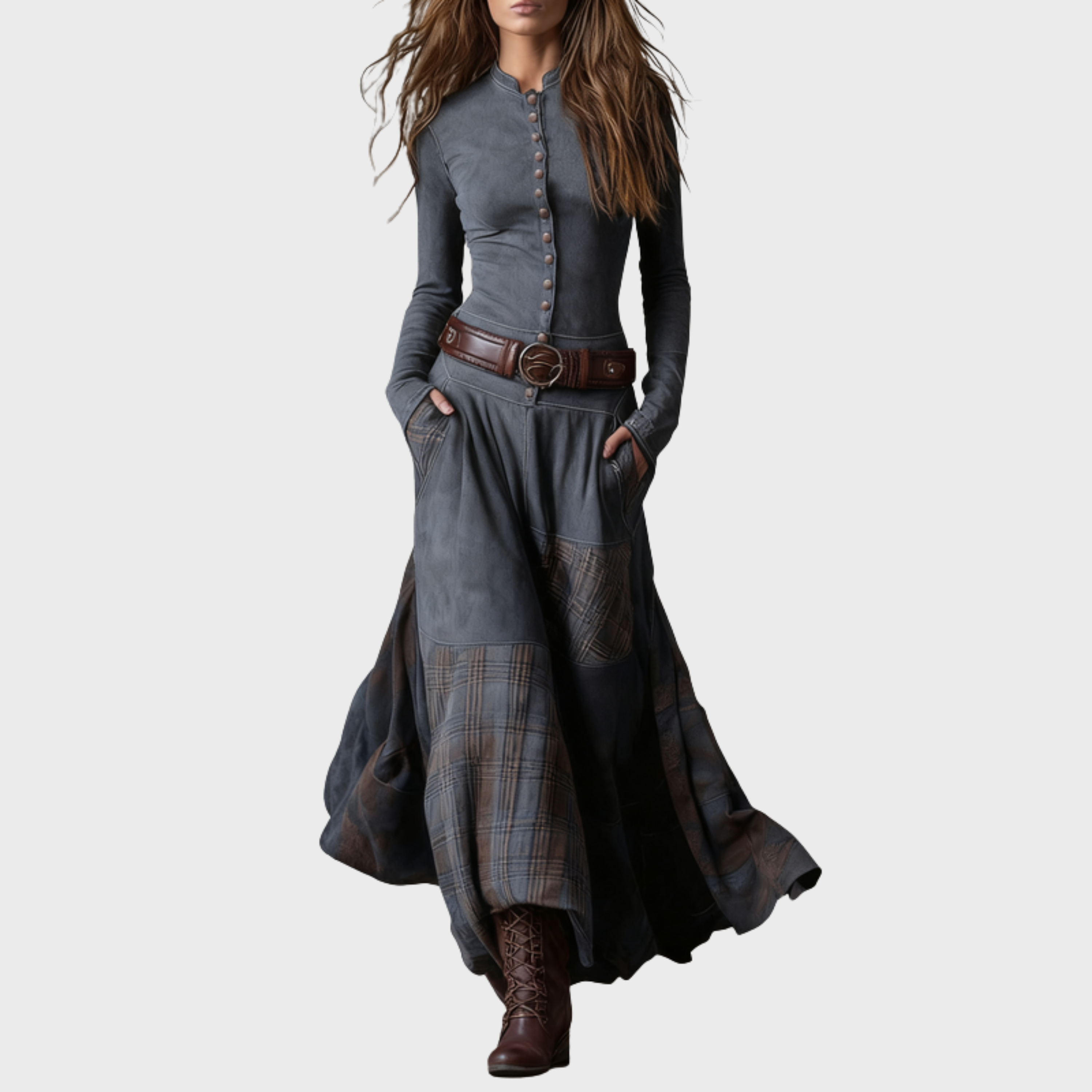 Helena | Marinblå mocka maxiklänning med bälte