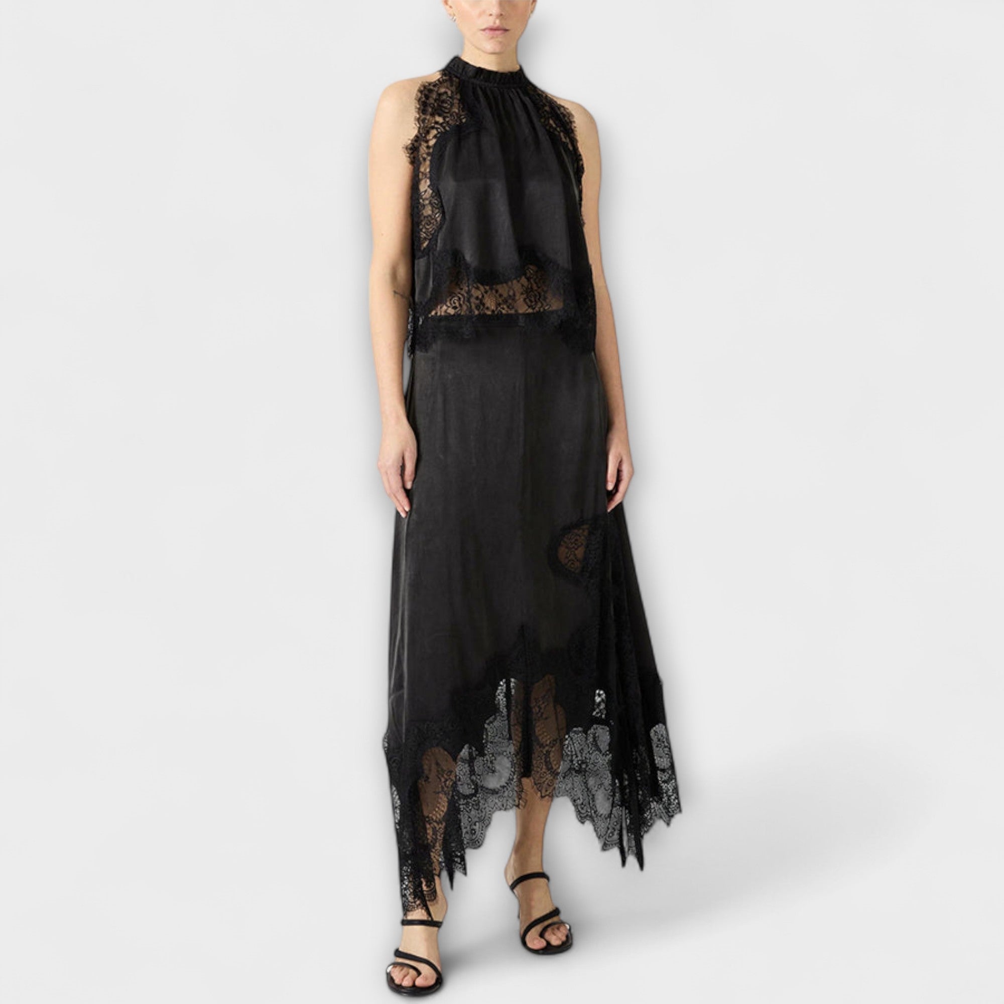 Kaia ™ ｜ Satinblus med spetskant och plisserad halsringning i set