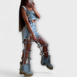 Gaia™ ｜ Stilig ljusblå denim crop top med detaljer på axelbanden och trasiga shorts