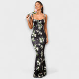 Thalia ™ ｜ Blommönstrad festklänning med knytband