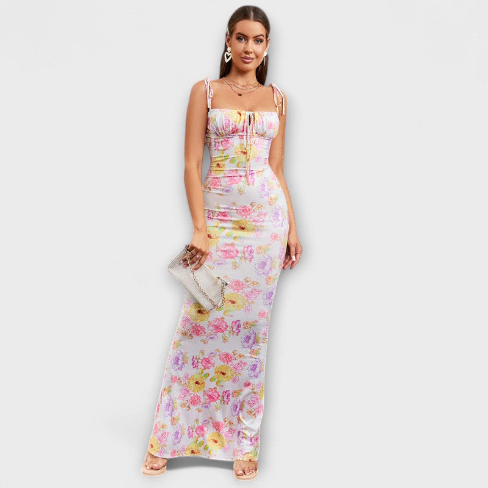 Thalia ™ ｜ Blommönstrad festklänning med knytband