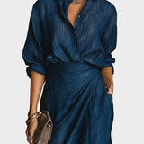 Anita™| Elegant set av skjorta och lång kjol i en blandning av bomull och linne i mörkblå färg