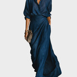 Anita™| Elegant set av skjorta och lång kjol i en blandning av bomull och linne i mörkblå färg