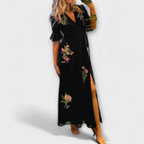 Beatrice ™ ｜Eleganta marinblå klänning med blommig broderi