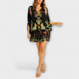 Cyntia ™ ｜ Utstickande klänning med snedaxlar och tryck av kokospalm